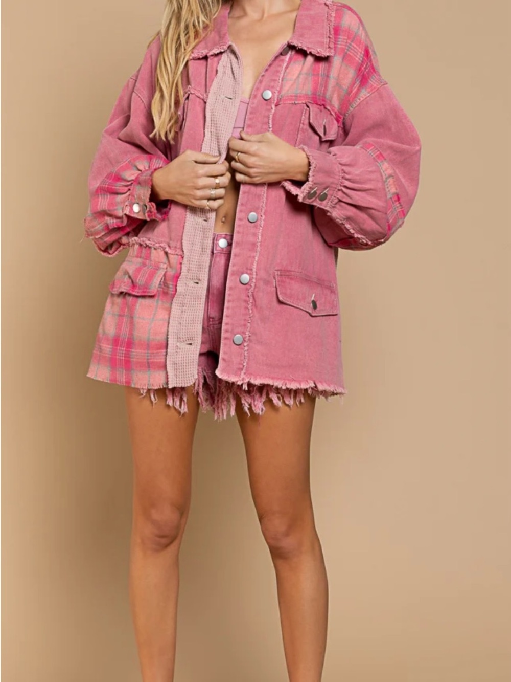 POL Pink Plaid Distressed Oversized Jean Jacket
